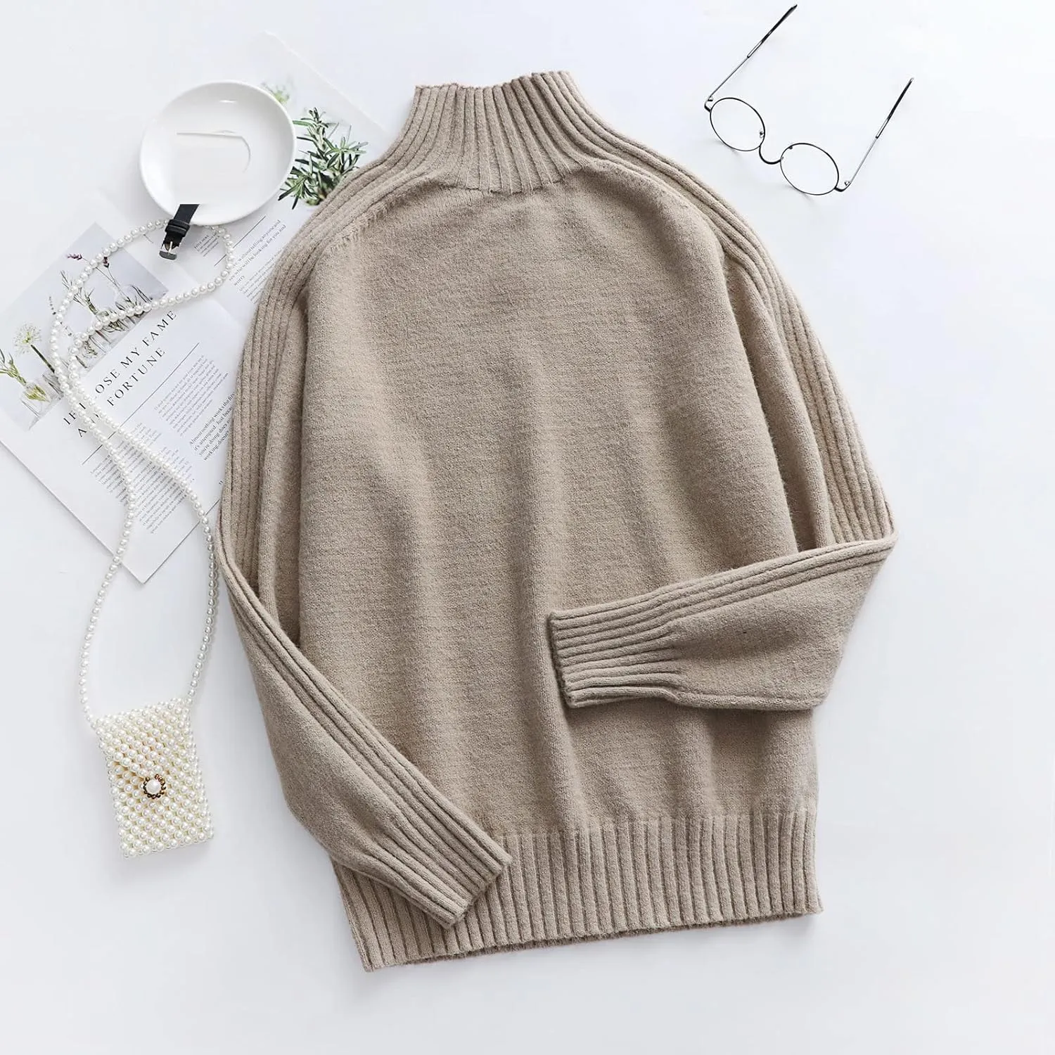 Women's Casual Long Sleeve Turtleneck Ribbed Knitted Striped Sweater Pullover Oversized Soft Blouse Tops Plus Size