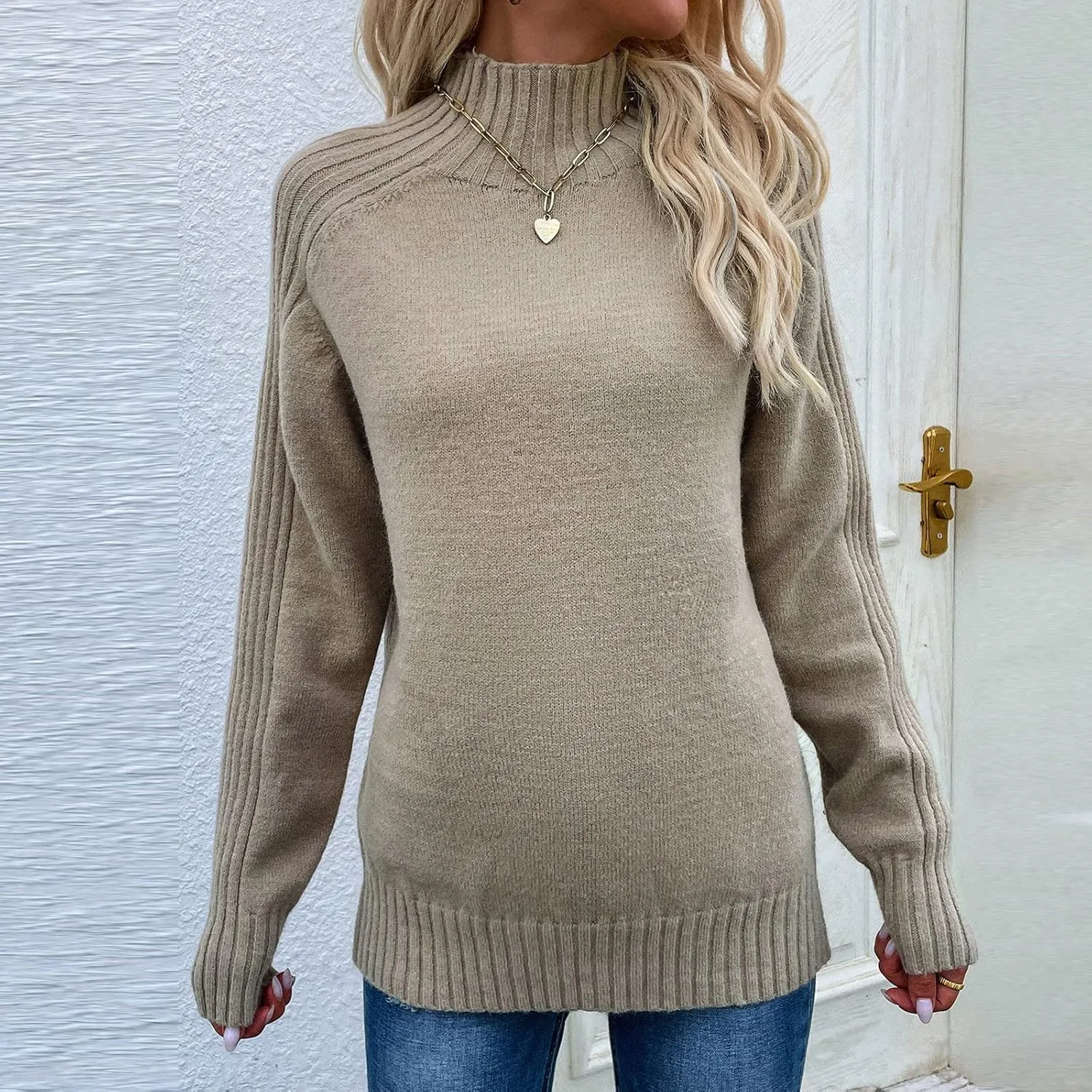 Women's Casual Long Sleeve Turtleneck Ribbed Knitted Striped Sweater Pullover Oversized Soft Blouse Tops Plus Size