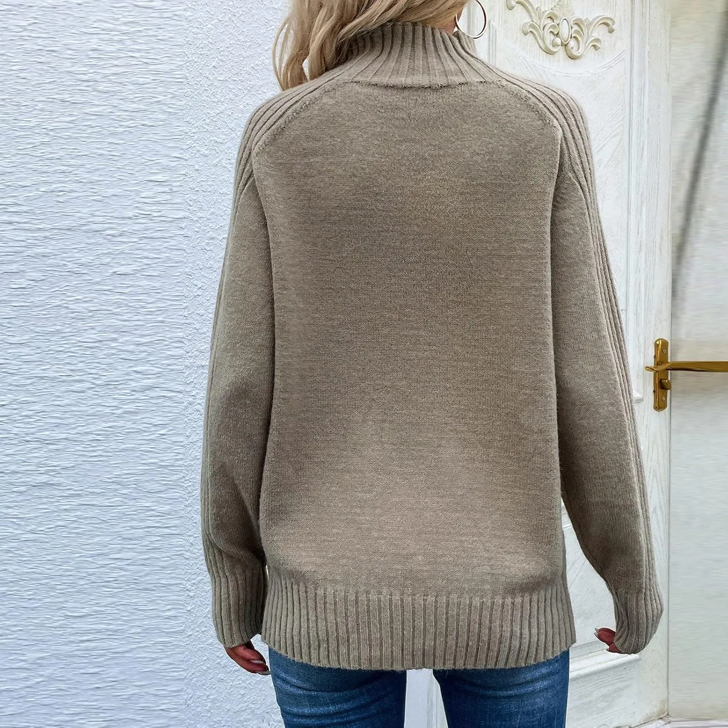 Women's Casual Long Sleeve Turtleneck Ribbed Knitted Striped Sweater Pullover Oversized Soft Blouse Tops Plus Size