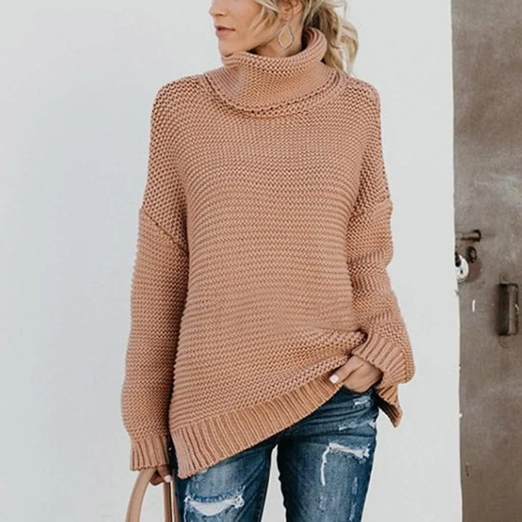 Women's Casual Long Sleeve Turtleneck Ribbed Knitted Striped Sweater Pullover Oversized Soft Blouse Tops Plus Size