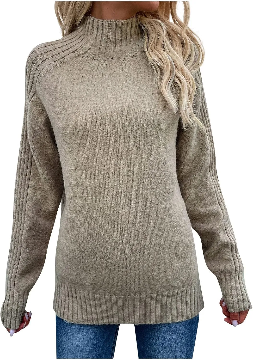 Women's Casual Long Sleeve Turtleneck Ribbed Knitted Striped Sweater Pullover Oversized Soft Blouse Tops Plus Size