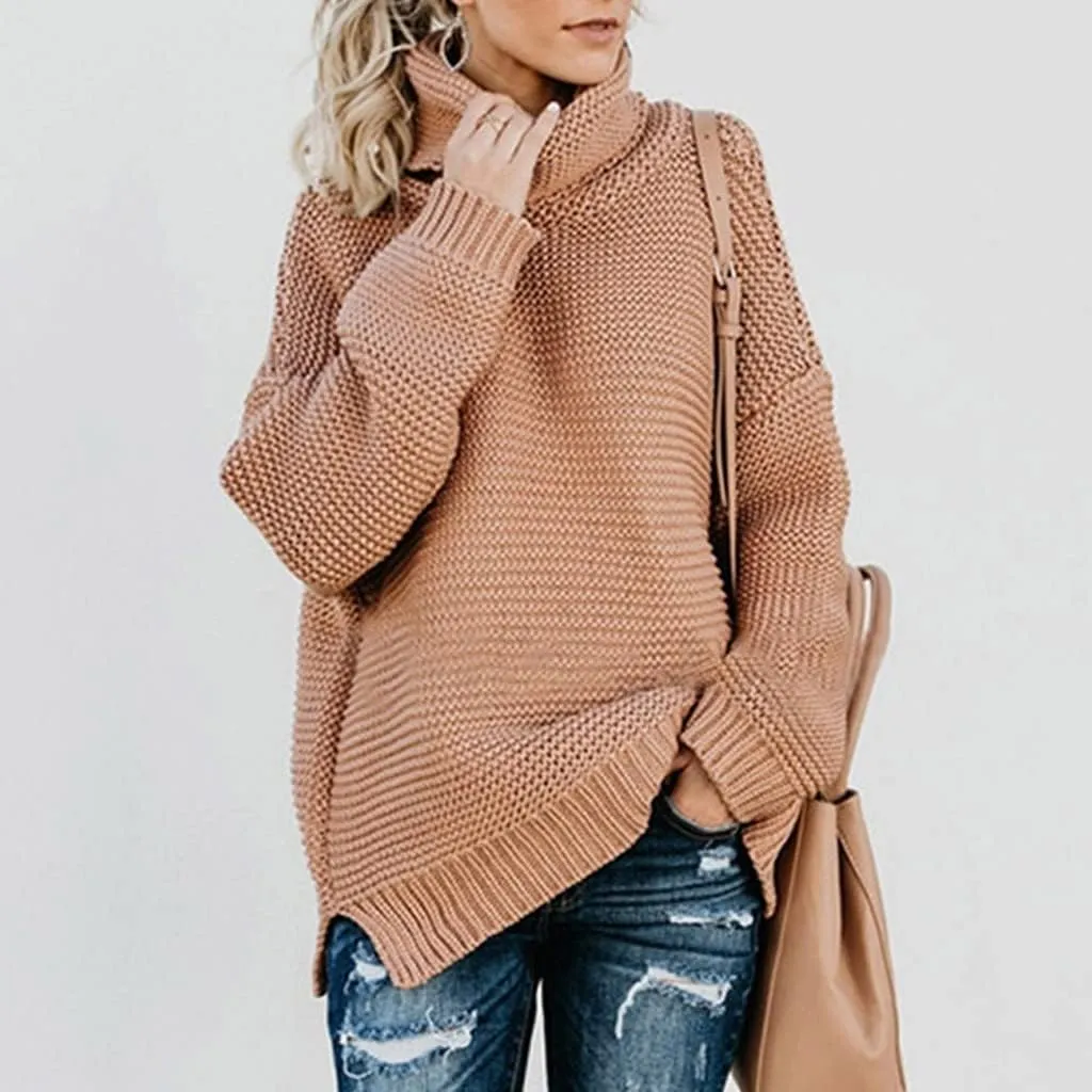 Women's Casual Long Sleeve Turtleneck Ribbed Knitted Striped Sweater Pullover Oversized Soft Blouse Tops Plus Size
