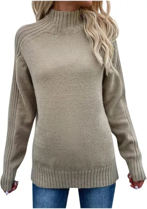 Women's Casual Long Sleeve Turtleneck Ribbed Knitted Striped Sweater Pullover Oversized Soft Blouse Tops Plus Size