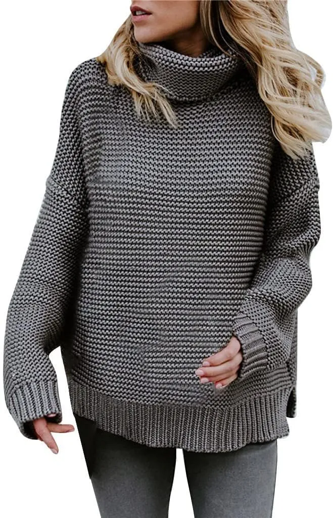 Women's Casual Long Sleeve Turtleneck Ribbed Knitted Striped Sweater Pullover Oversized Soft Blouse Tops Plus Size