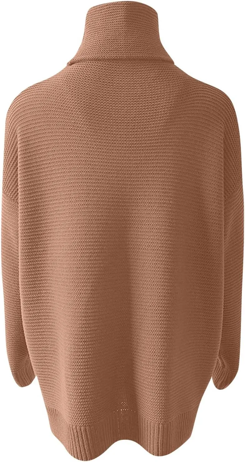 Women's Casual Long Sleeve Turtleneck Ribbed Knitted Striped Sweater Pullover Oversized Soft Blouse Tops Plus Size