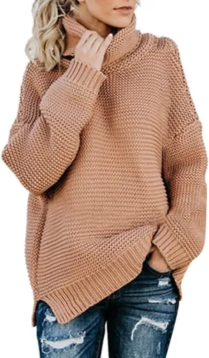 Women's Casual Long Sleeve Turtleneck Ribbed Knitted Striped Sweater Pullover Oversized Soft Blouse Tops Plus Size