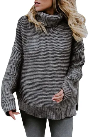 Women's Casual Long Sleeve Turtleneck Ribbed Knitted Striped Sweater Pullover Oversized Soft Blouse Tops Plus Size