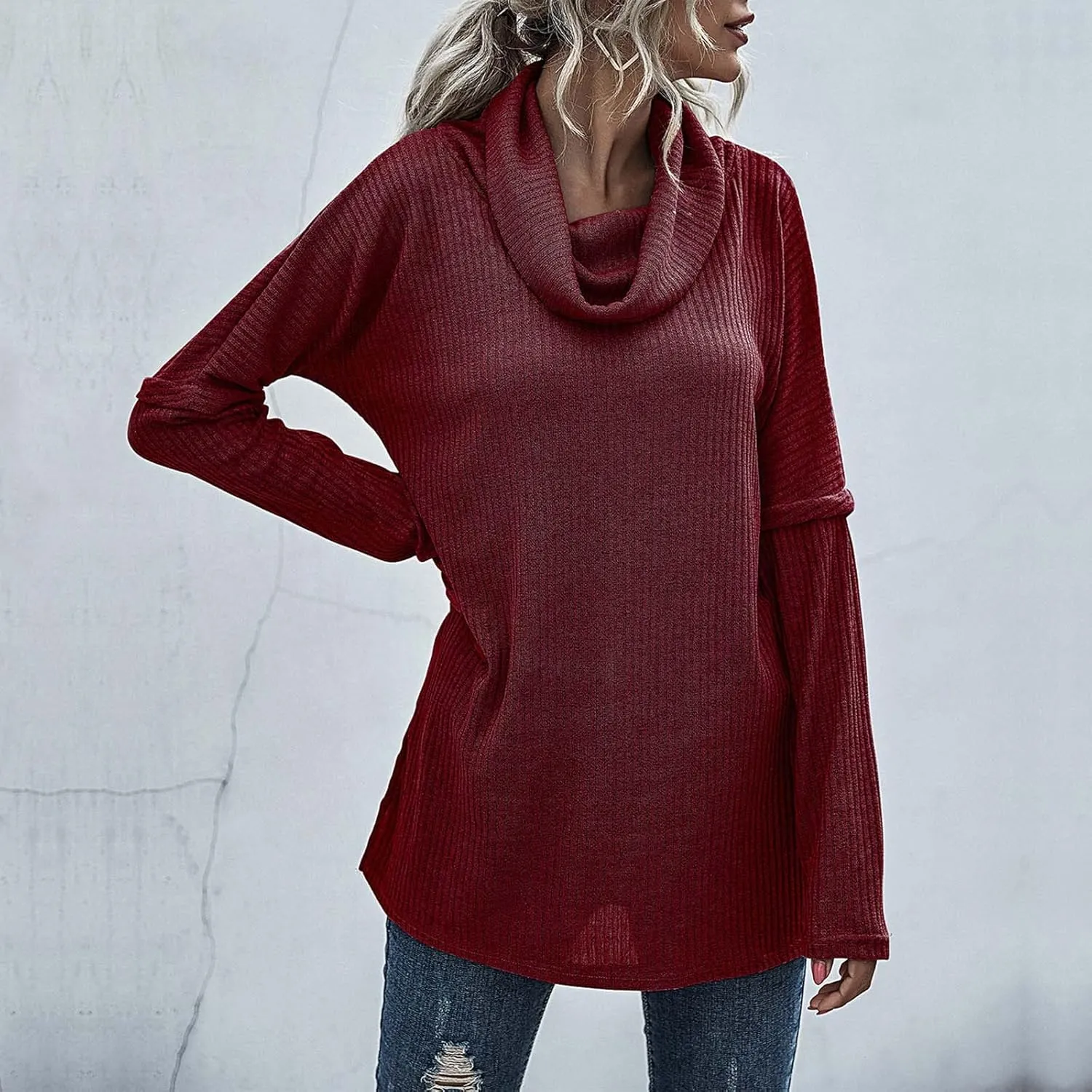 Women's Cowl Neck Casual Oversized Sweater Turtleneck Long Sleeve Tunic Ribbed Knit Pullover Tops Loose Soft Jumper