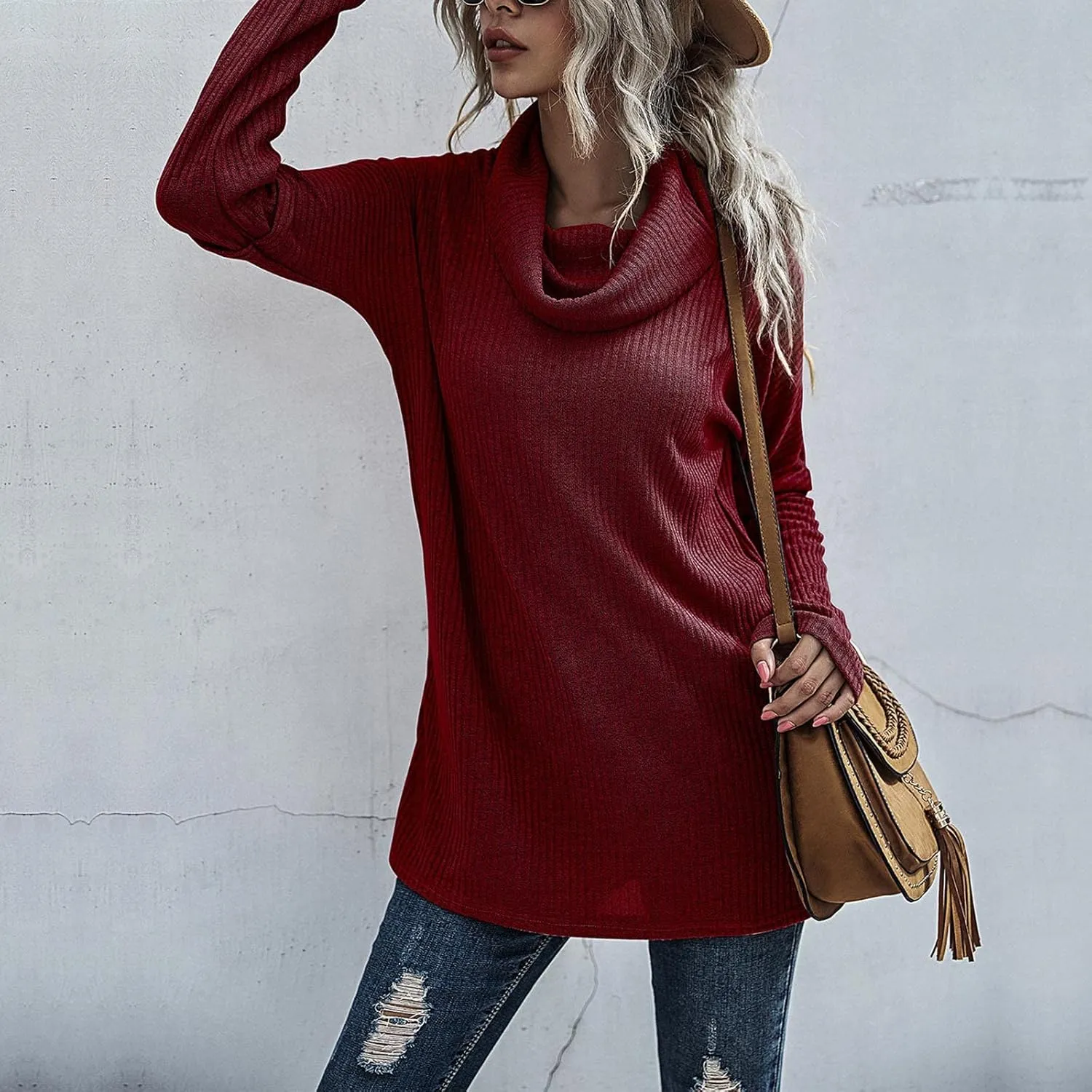 Women's Cowl Neck Casual Oversized Sweater Turtleneck Long Sleeve Tunic Ribbed Knit Pullover Tops Loose Soft Jumper