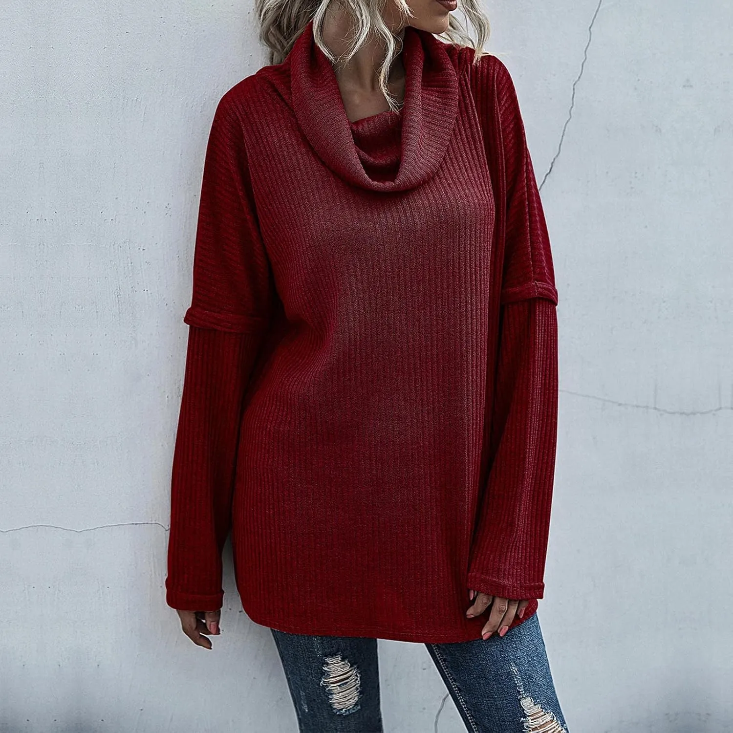 Women's Cowl Neck Casual Oversized Sweater Turtleneck Long Sleeve Tunic Ribbed Knit Pullover Tops Loose Soft Jumper