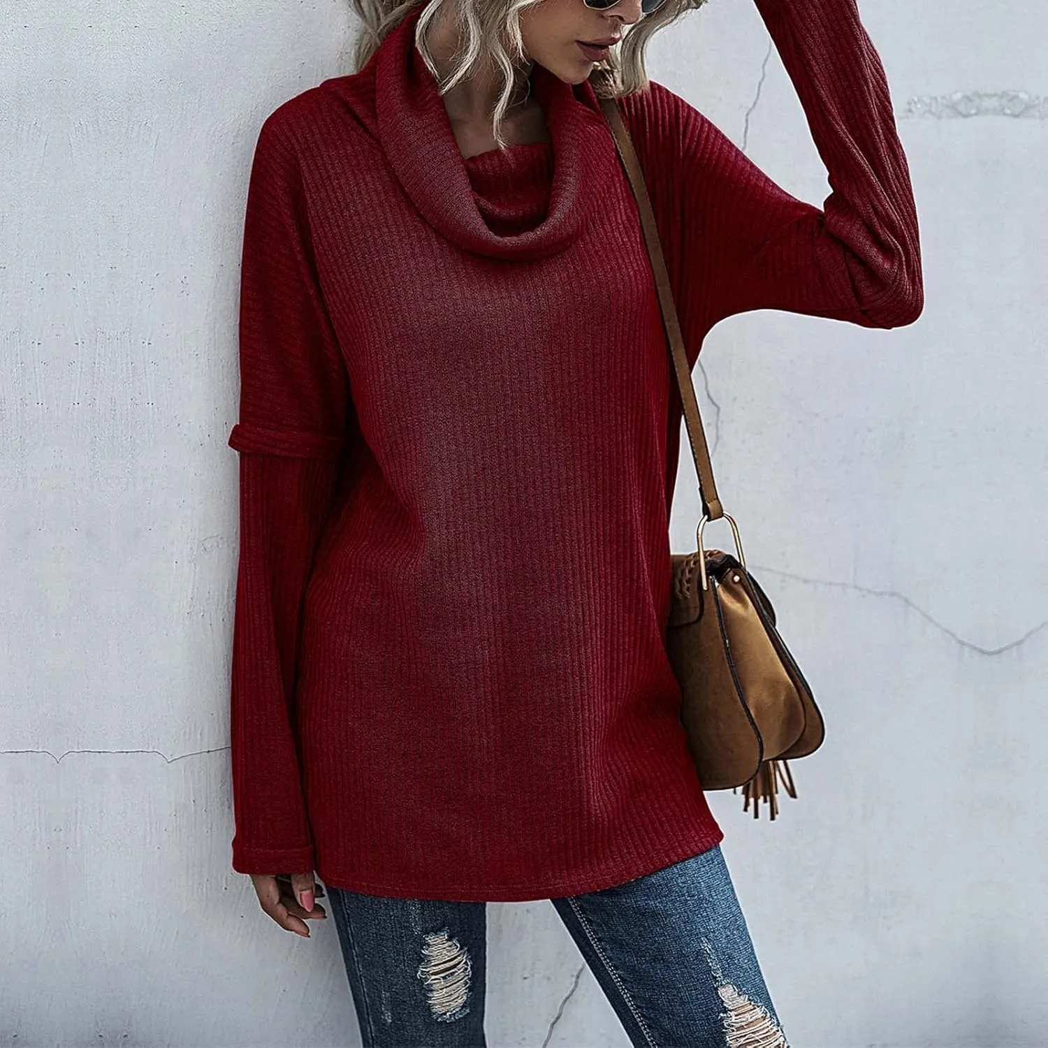 Women's Cowl Neck Casual Oversized Sweater Turtleneck Long Sleeve Tunic Ribbed Knit Pullover Tops Loose Soft Jumper
