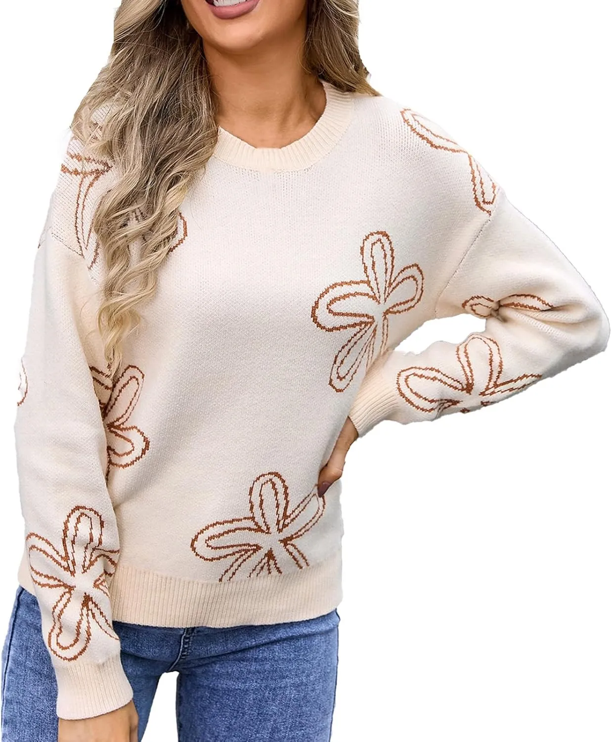 Women's Crewneck Sweater Pullover Soft Oversized Boho Floral Print Long Sleeve Knitted Jumper Tops Fall Fashion 2024