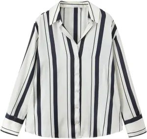 Women's Versatile Loose Collar Long Sleeve Silk Texture Striped Hanging Shirt Top