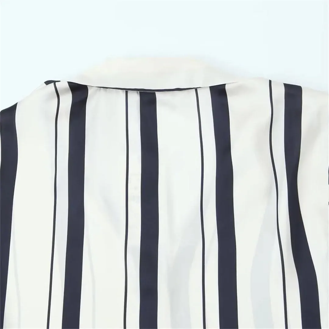Women's Versatile Loose Collar Long Sleeve Silk Texture Striped Hanging Shirt Top