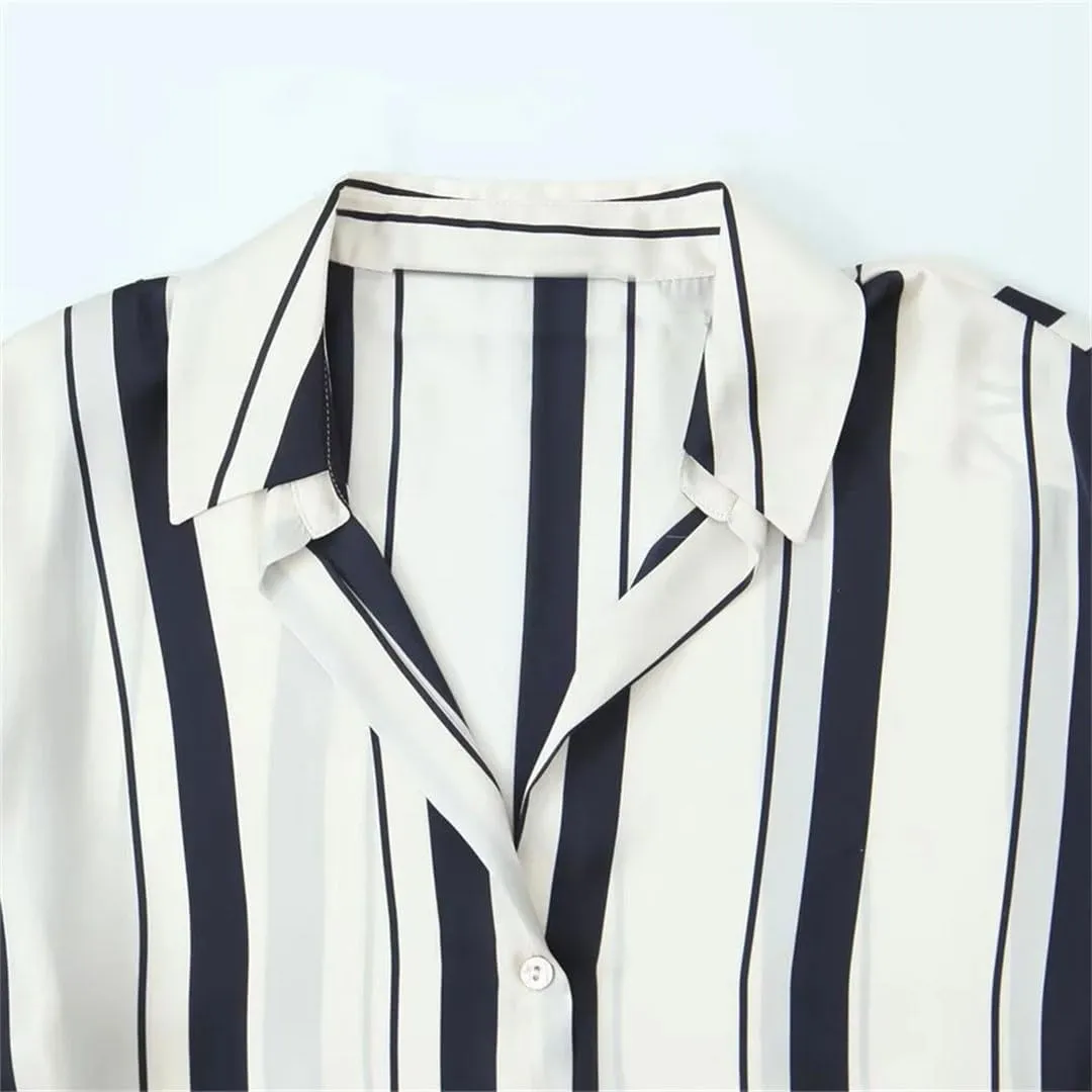 Women's Versatile Loose Collar Long Sleeve Silk Texture Striped Hanging Shirt Top
