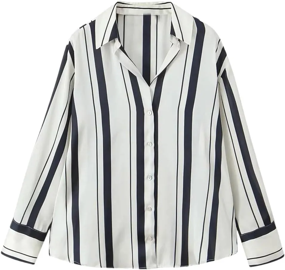 Women's Versatile Loose Collar Long Sleeve Silk Texture Striped Hanging Shirt Top