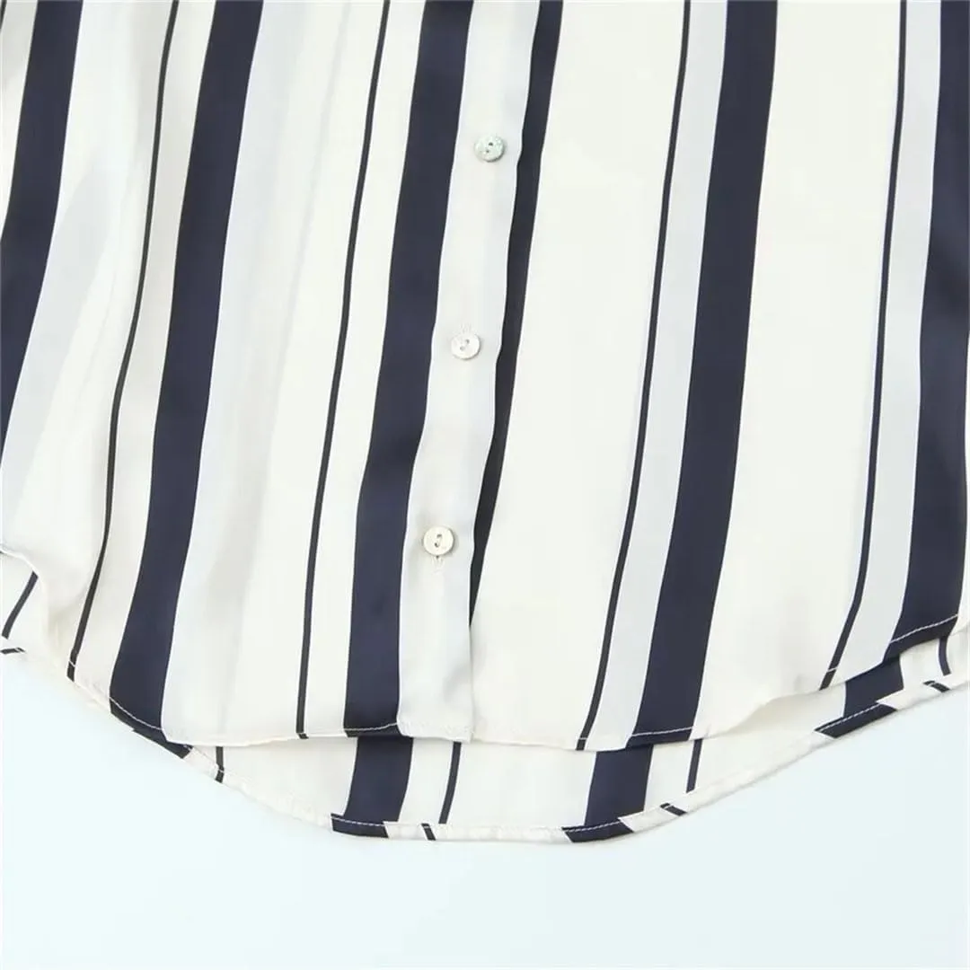 Women's Versatile Loose Collar Long Sleeve Silk Texture Striped Hanging Shirt Top