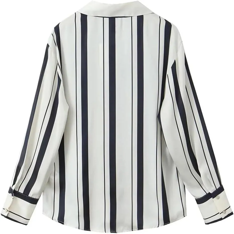 Women's Versatile Loose Collar Long Sleeve Silk Texture Striped Hanging Shirt Top