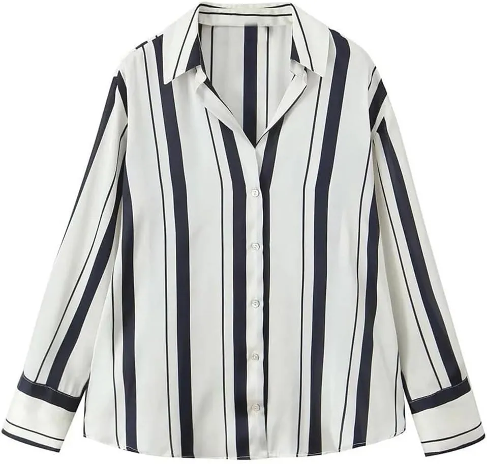 Women's Versatile Loose Collar Long Sleeve Silk Texture Striped Hanging Shirt Top