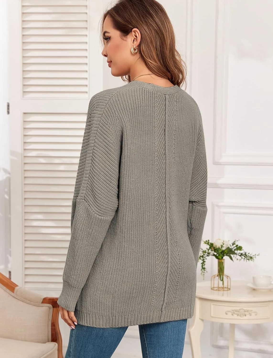ZAFUL Women's Oversized Sweaters V Neck Long Sleeve Knit Pullover Batwing Drop Shoulder Split Tops Trendy Fall Outfits 2024