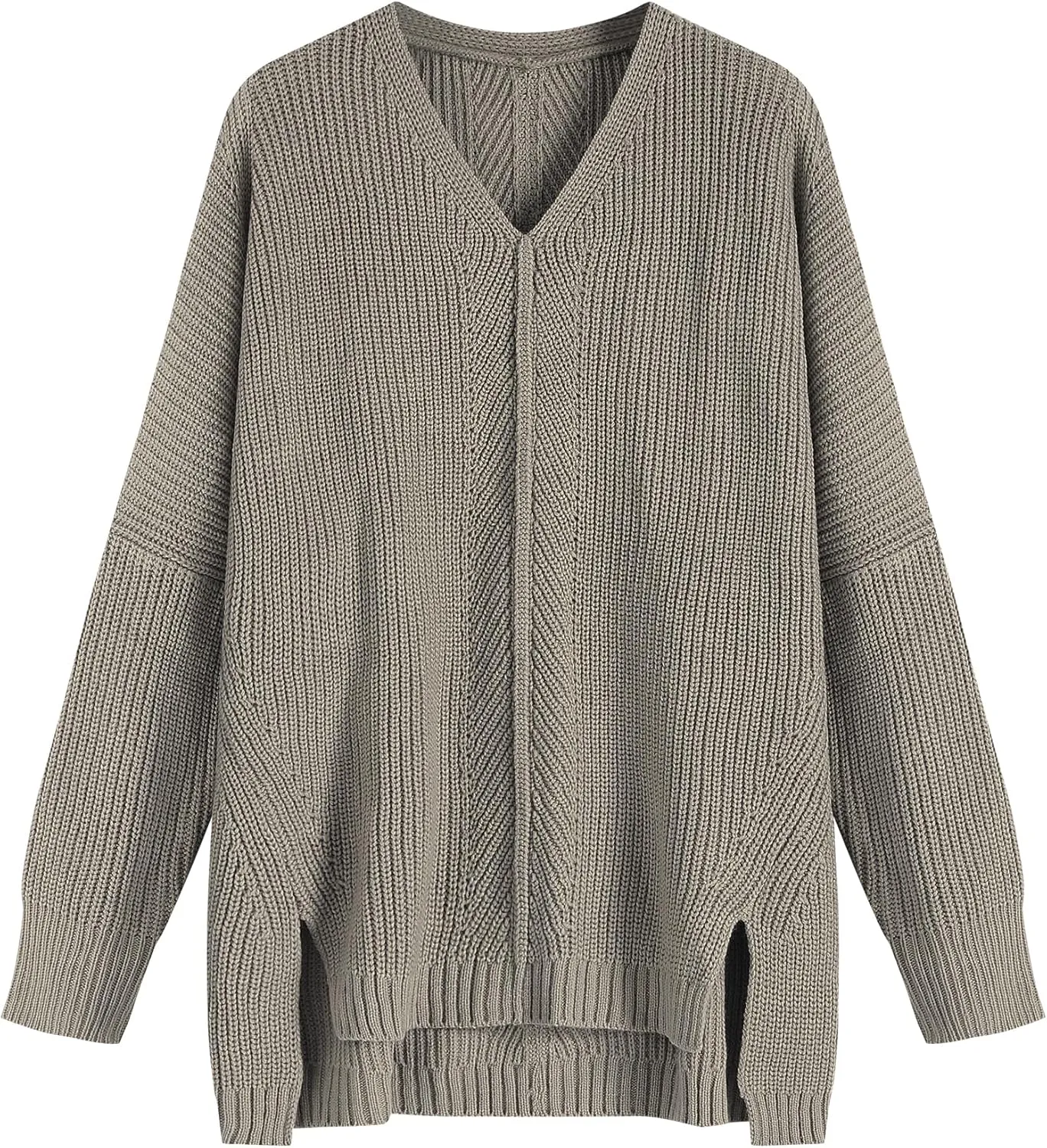 ZAFUL Women's Oversized Sweaters V Neck Long Sleeve Knit Pullover Batwing Drop Shoulder Split Tops Trendy Fall Outfits 2024