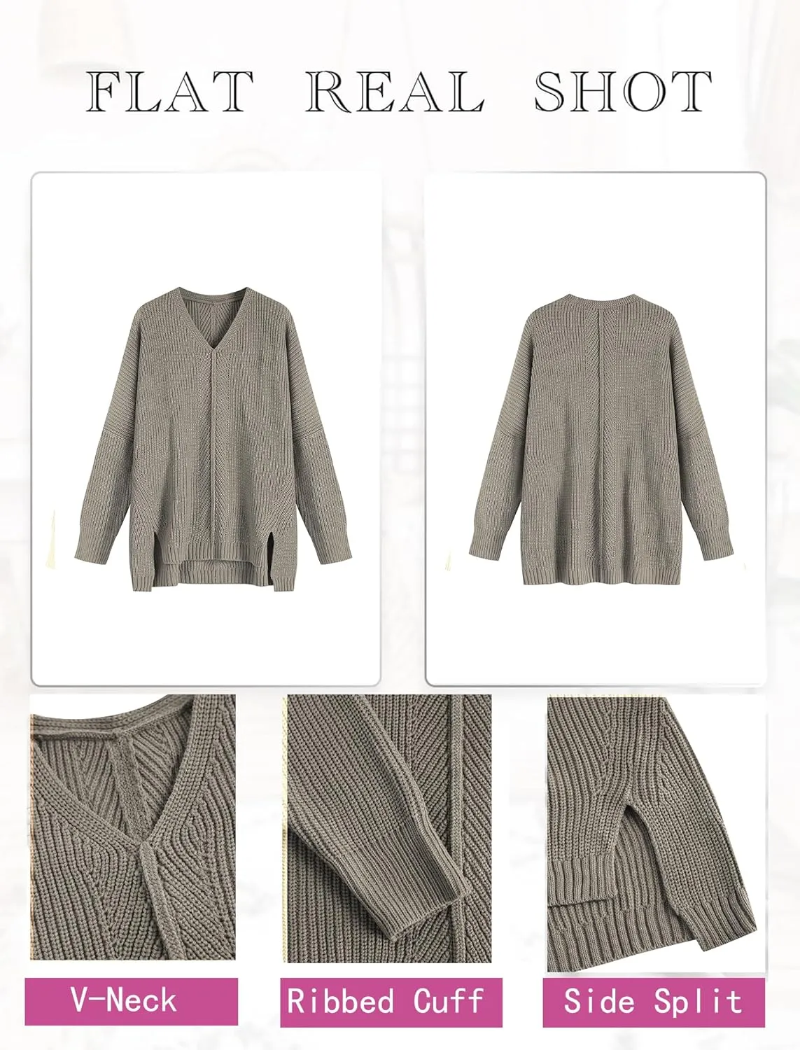 ZAFUL Women's Oversized Sweaters V Neck Long Sleeve Knit Pullover Batwing Drop Shoulder Split Tops Trendy Fall Outfits 2024
