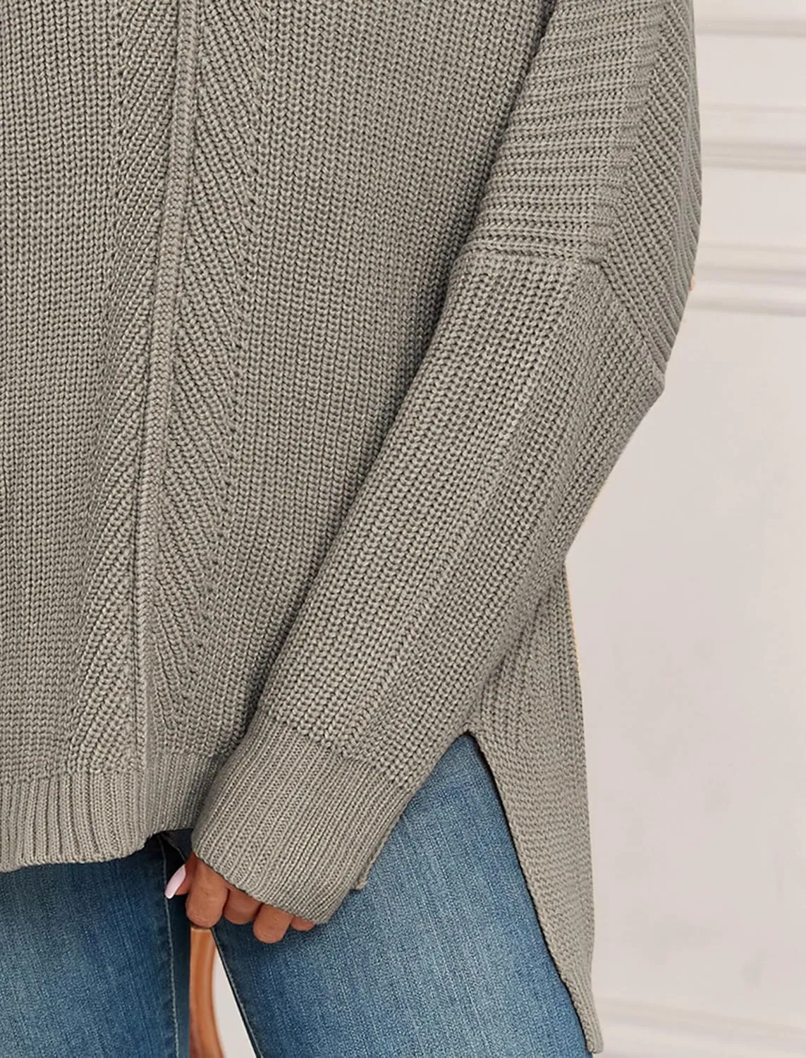 ZAFUL Women's Oversized Sweaters V Neck Long Sleeve Knit Pullover Batwing Drop Shoulder Split Tops Trendy Fall Outfits 2024