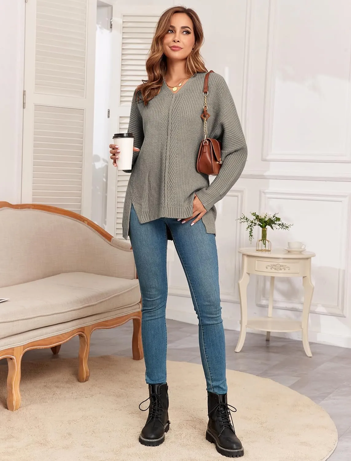ZAFUL Women's Oversized Sweaters V Neck Long Sleeve Knit Pullover Batwing Drop Shoulder Split Tops Trendy Fall Outfits 2024