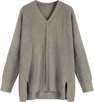 ZAFUL Women's Oversized Sweaters V Neck Long Sleeve Knit Pullover Batwing Drop Shoulder Split Tops Trendy Fall Outfits 2024