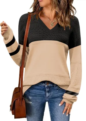 Zeagoo Womens 2025 Fall Sweaters Casual Long Sleeve Ribbed Knit Pullover V Neck Lightweight Crochet Pullover Sweater Top