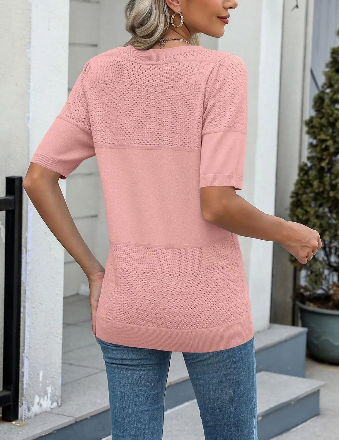 Zeagoo Womens Summer Sweater Casual Short Sleeve Pullover Tops V Neck Lightweight Shirts Ribbed Knit Dressy Blouse